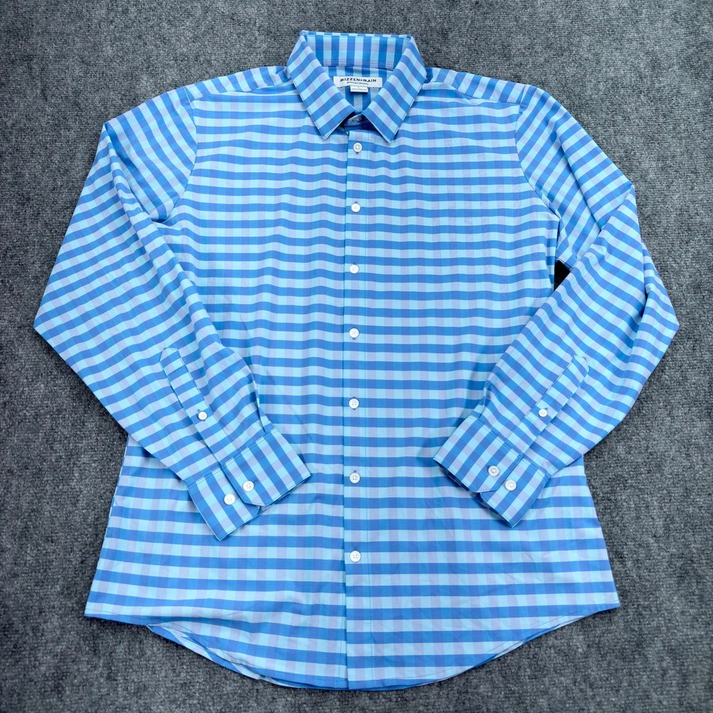 Mizzen Main‎ Shirt Mens Large Blue Gingham Trim Performance Mensware Button Up